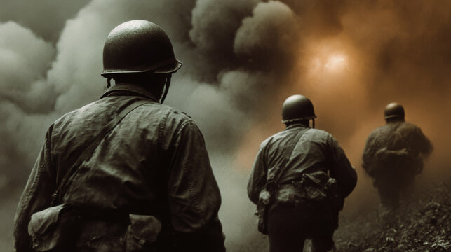 Soldiers advancing through smoke and debris on a battlefield during wartime