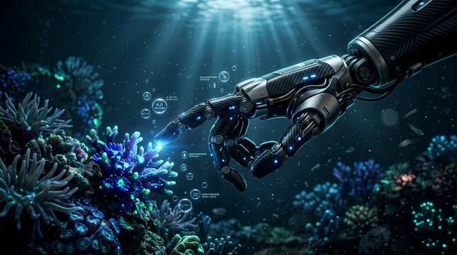 Robotic hand touching vibrant coral reef underwater representing environmental technology