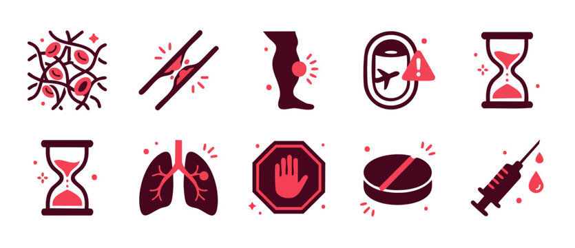Deep Vein Thrombosis DVT Medical Icons Set, Blood Clot and Travel Risk Health Symbols, Vector Clipart Illustrations for Cardiovascular Disease Diagnosis, Pulmonary Embolism Prevention and Patient Care