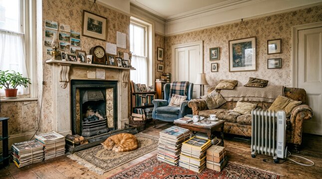  Apartamento real elegante con chimenea decorativa, sof&aacute;s cl&aacute;sicos y libros apilados en un ambiente sofisticado y acogedor.