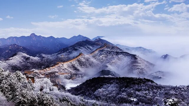 A breathtaking time-lapse video showcasing the snow-covered Great Wall of China at Jietou with morning fog and the beautiful changing light.