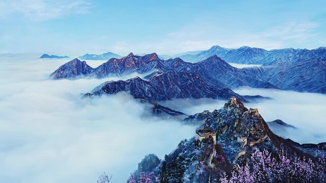 Time-lapse of sunrise over Beijing Jiankou Great Wall, clouds rolling over mountains and cherry blossoms in bloom.