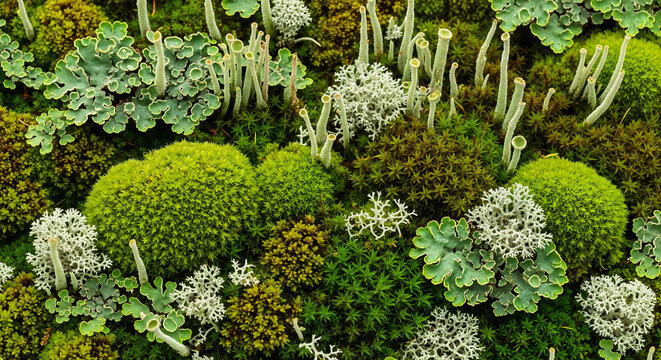 Detailed macro view of a forest floor carpeted with lush green moss and several varieties of gray and white lichen
