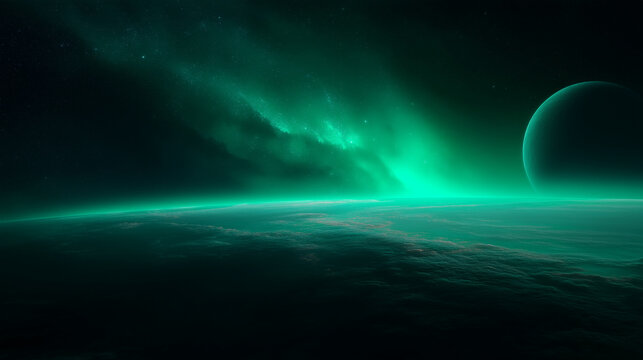 Futuristic exoplanet horizon with glowing green galaxy nebula and distant moon, cinematic astronomy and space exploration background exoplanet, planet horizon, green space, cosmic