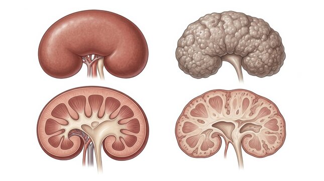 Various kidney types for comparison in veterinary pathology to better understand pet diseases and their effects on health.