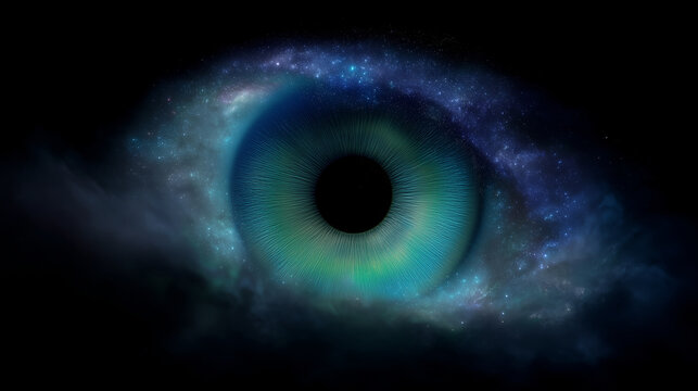 Surreal galaxy eye with glowing blue green iris in dark cosmic nebula, futuristic vision and astronomy background galaxy eye, surreal eye, cosmic iris, space vision, universe backg