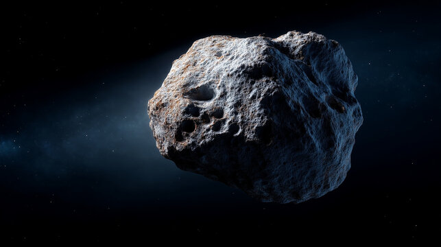 Detailed asteroid floating in deep space with cratered rocky surface, astronomy science and near-Earth object research concept asteroid, space rock, meteorite, deep space, astronom