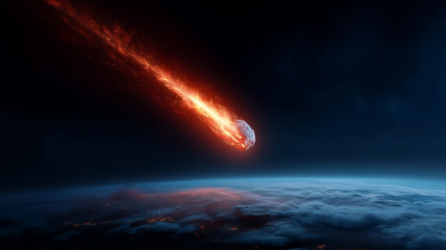 Fiery asteroid entering Earth atmosphere with explosive glow, planetary defense and cosmic impact science concept asteroid impact, meteor, fireball, Earth atmosphere, space disaste