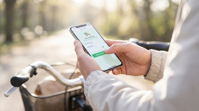 Bicycle courier checking a food delivery app on a smartphone while standing outdoors