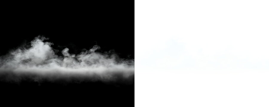 Low white fog drifting quietly across a black background with cinematic smoke texture isolated for transparent PNG overlay effects