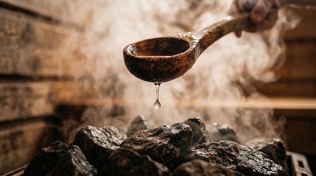 Steam rising from hot sauna stones, attendant ladling water with wooden ladle over glowing embers
