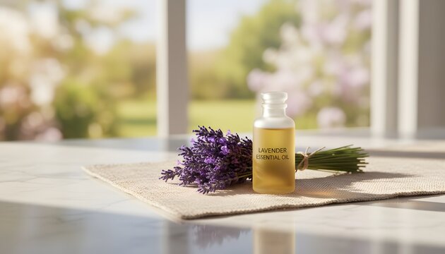 Lavender essential oil bottle and fresh flowers on a table for a harmony and wellness in springtime concept during lavender season with bright natural light