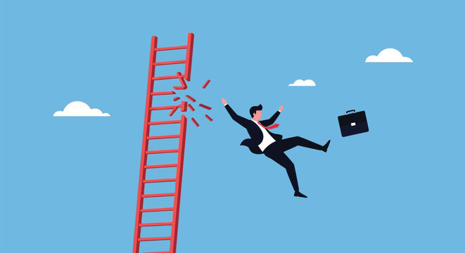 Businessman falling from broken ladder against blue sky background representing financial failure and risk management challenges in corporate career pathing.