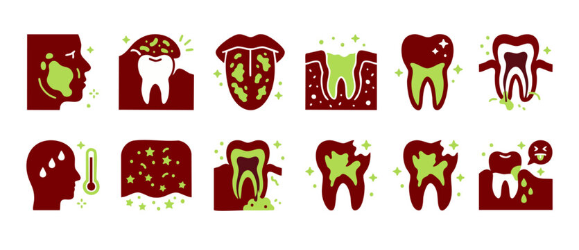 Dental Bacteria Icons Set Oral Health Decay Infographic Symbols for Periodontal Disease Treatments, Cavity Prevention and Gingivitis Concept. Vector Illustration of Mouth Infections and Tooth Hygiene.