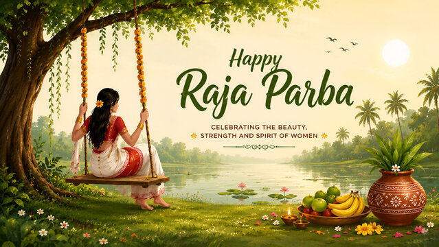 Traditional Raja Parba Poster Featuring Odisha Rural Landscape