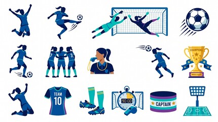 Fototapeta premium Women’s Soccer Themed Icon Collection with Female Football Players and Sports Equipment