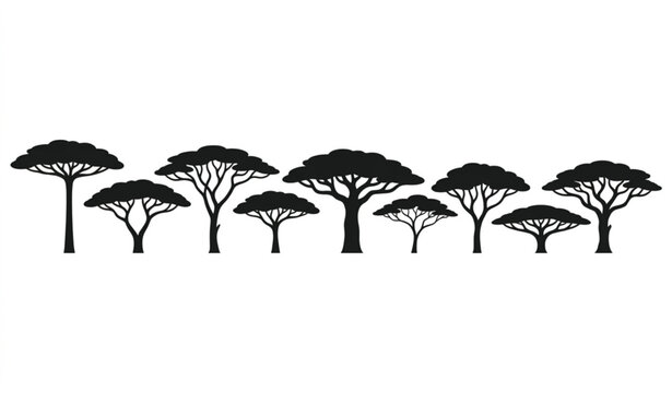 African acacia tree silhouettes set with flat canopy savanna trees in minimal black vector style