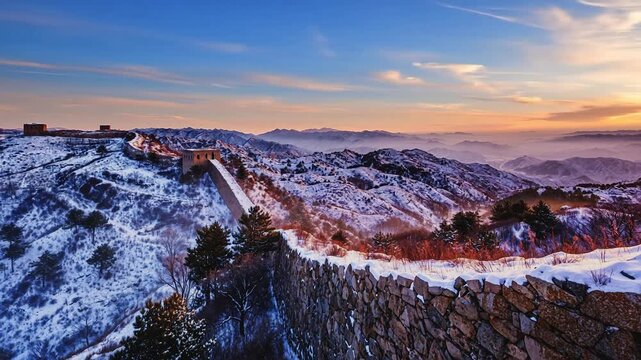 A stunning timelapse of sunrise over the Jinshanling Great Wall in winter, showcasing the snow-covered landscape and the changing sky.