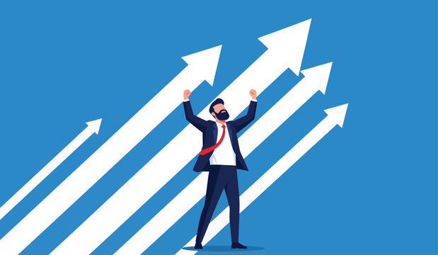 Man in suit celebrating success with arms raised against blue background with rising arrows symbolizing business growth achievement and victory.