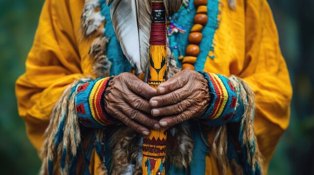 Elderly Shaman Hands Holding Traditional Ritual Staff