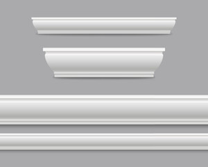 Baseboard molding isolated on grey background. Vector white decorative gypsum skirting boards for wall or floor. Plastic ceiling cornice set © Kindlena