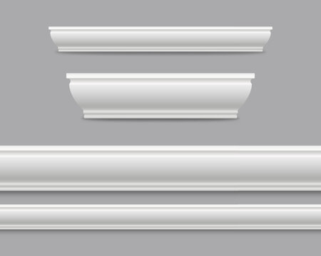 Baseboard molding isolated on grey background. Vector white decorative gypsum skirting boards for wall or floor. Plastic ceiling cornice set