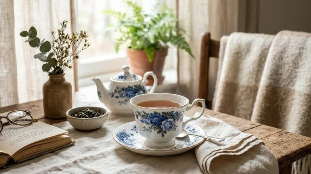 Elegant tea moment with a floral teacup in natural light, refined still life scene with cozy table styling, delicate pattern and peaceful home ritual mood, ideal for lifestyle, hospitality and