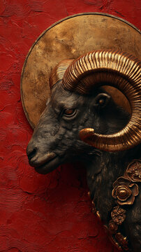 Majestic ram head with golden spiral horns and moon disc on rich red textured wall for chinese new year 2027

