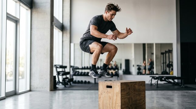 Athletic young man performing a high box jump during a cross-training workout in a modern gym