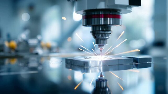 Closeup cnc milling sparks on metal. Robotic spindle carves aerospacegrade aluminum panel, bright blue sparks fly, metal chips scatter, coolant mist glints