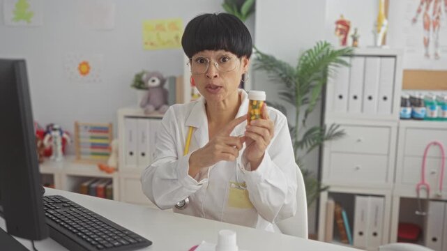 Woman doctor points finger to pill bottle label while holding bottle at desk in medical building; reassurance guidance.