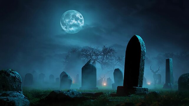 Moonlit foggy graveyard at night, ancient tombstones and standing stone silhouetted against full moon, violet mist drifting among crosses, ruined tower