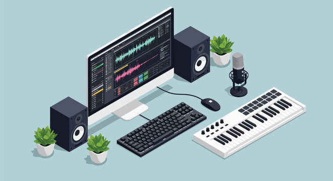 Professional music production studio setup with computer monitor showing audio waves speakers keyboard midi controller and microphone on desktop workspace.