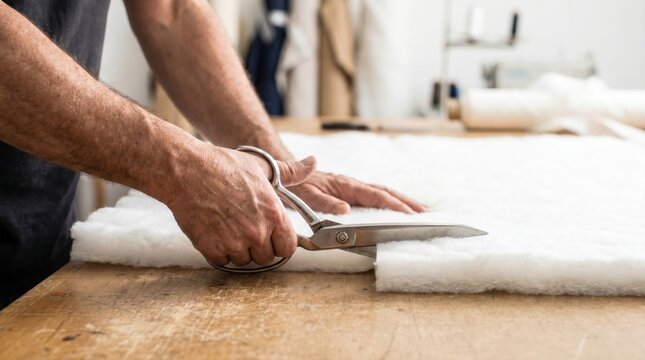 Upholsterer cutting a thick sheet of white foam batting with large scissors on a wooden table