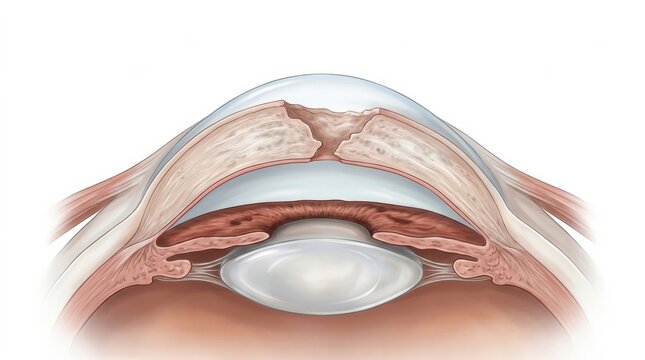 The illustration displays the layers of the eye in detail for veterinary pathology and pet disease study.