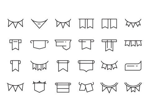 Collection of bunting and pennant banner set of decorative party flags and festive garlands in simple black outline style, isolated on a white background, for web and print