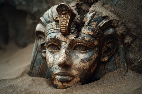 A pharaoh mask fragment lies half-buried in desert sand under cinematic matte tones. Ancient mystery and lost civilization heritage.