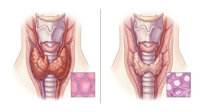 This visual presents a canine thyroid gland comparison for hypothyroidism, featuring detailed anatomy and tissue structure illustrations for study.