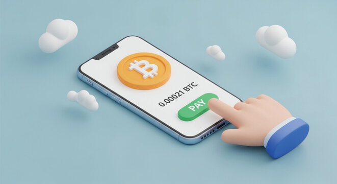 Hand pressing pay button on smartphone displaying bitcoin balance, cryptocurrency payment, digital currency transaction concept with clouds on blue background.