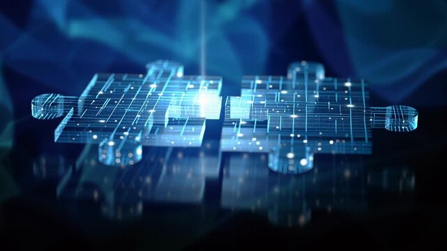 Glowing digital puzzle pieces connect over reflective surface with shimmering blue circuitry, visualizing ai data flow, network integration and future