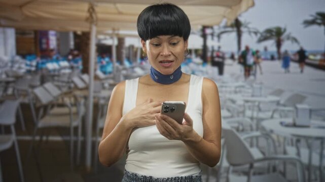 Woman holding smartphone and looking at screen, hand to chest, wearing white tank top and blue neck scarf, standing by outdoor cafe tables on a street; surprise reaction.