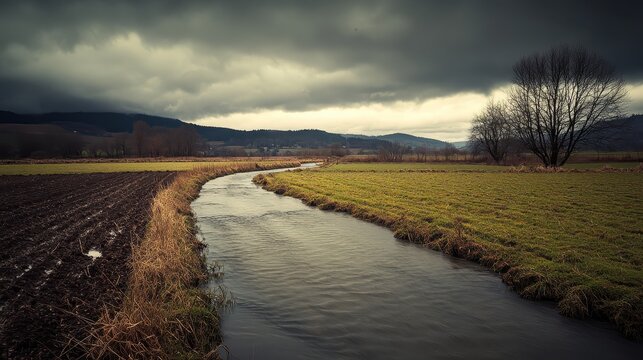 A winding river through agricultural fields under a dramatic overcast sky, showcasing natural textures and rural landscape