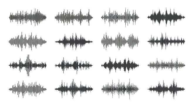 Set of black sound waves audio frequency visualizers collection for music podcast recording digital signal processing equalizer digital audio workstation tech.