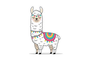 Fototapeta premium Cute Cartoon Llama with Colorful Blanket, Isolated on White Background