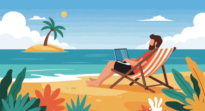 Bearded man relaxing on lounge chair at sunny beach working on laptop remote work concept summer vacation lifestyle travel digital nomad career freelance life.