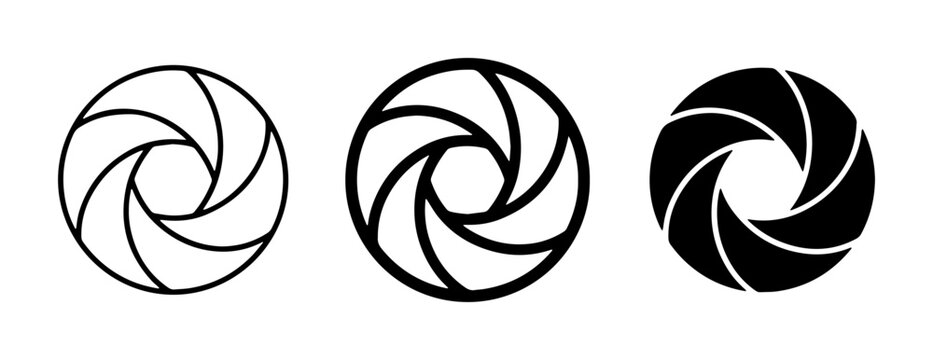 Minimalist camera shutter icons, photography lens aperture vector set, black and white geometric iris diaphragm symbols for graphic design