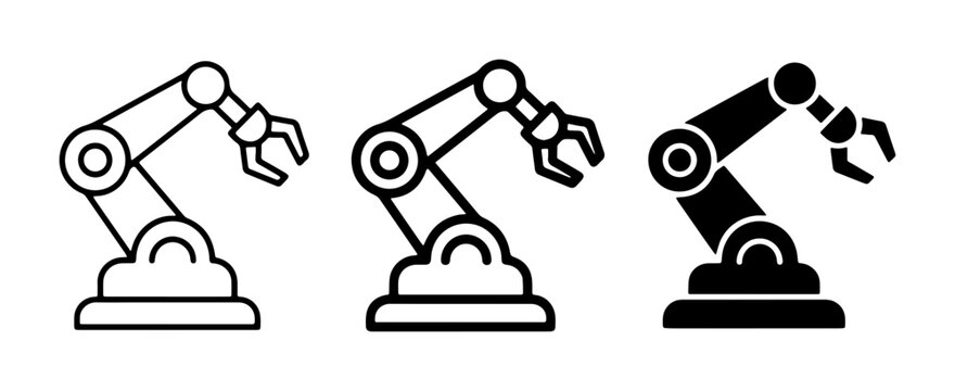 Industrial robotic arm icon set, automated factory manipulator vector illustrations, mechanical robot hand symbols for manufacturing and engineering