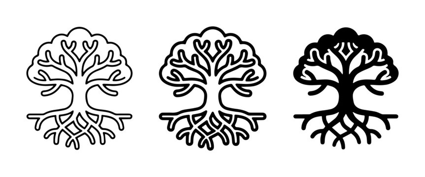 Minimalist tree of life vector icons, set of 3 black line art oak trees with roots, symmetrical nature logo symbols for branding and wellness