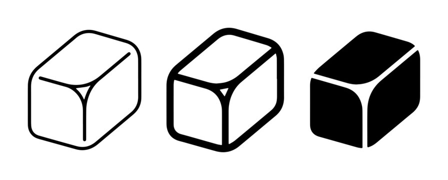 Minimalist sugar cube vector icons, set of 3 geometric block symbols, black and white isometric cube illustrations for cafe and kitchen design