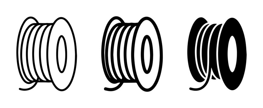 Industrial 3D printing filament spool icons, black and white plastic wire coil vector set, additive manufacturing material reel symbols